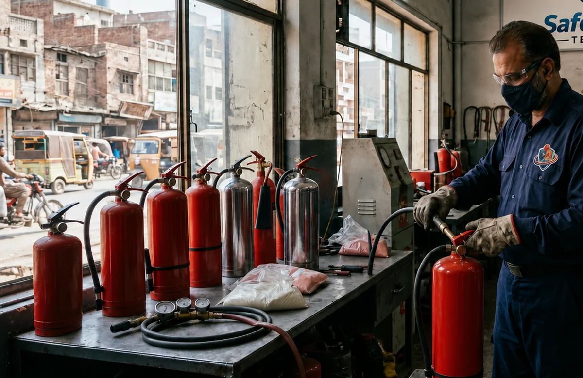 Fire extinguisher range in service workshop