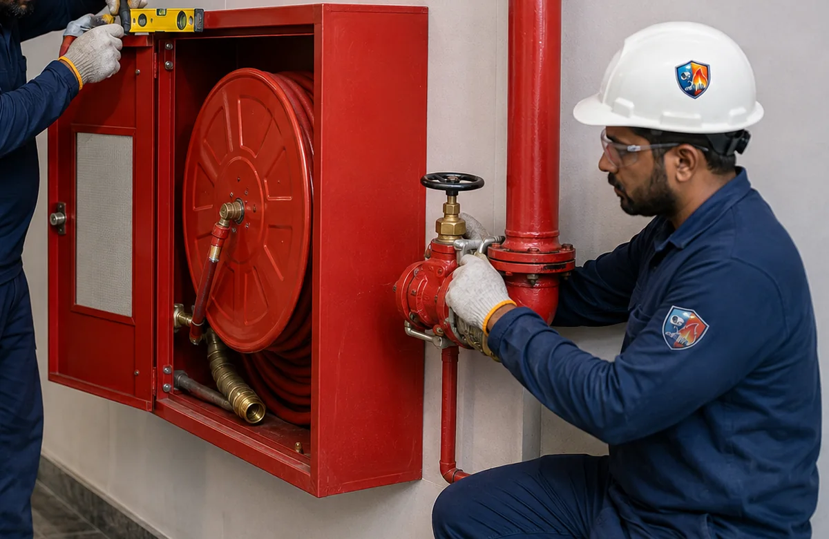 Fire hose reel cabinet and hydrant piping installation