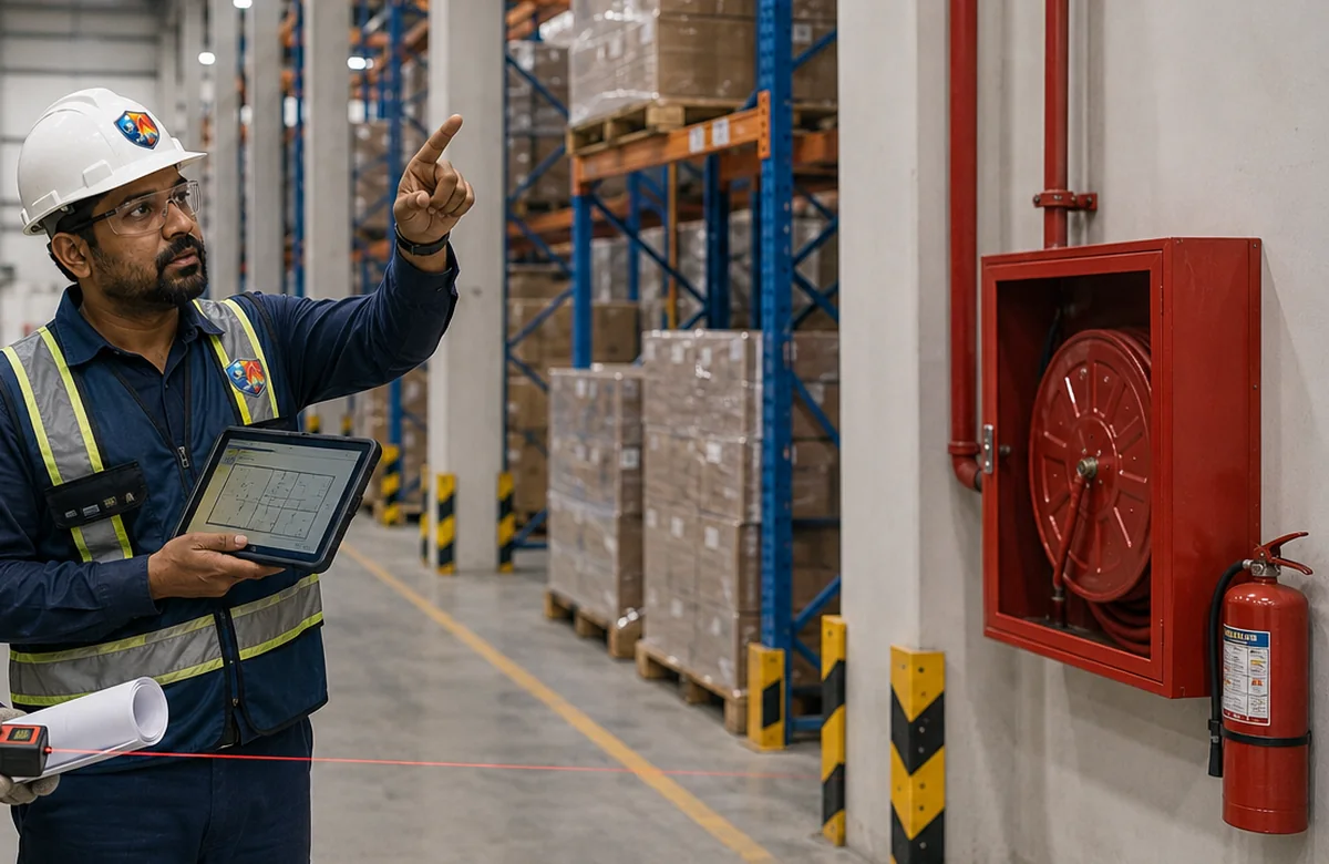 Fire safety equipment inspection in warehouse