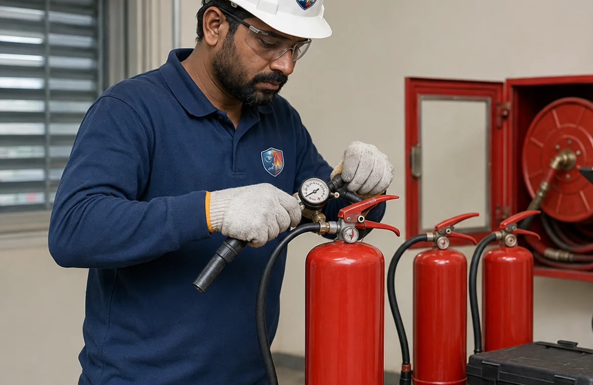 Fire extinguisher pressure testing and servicing