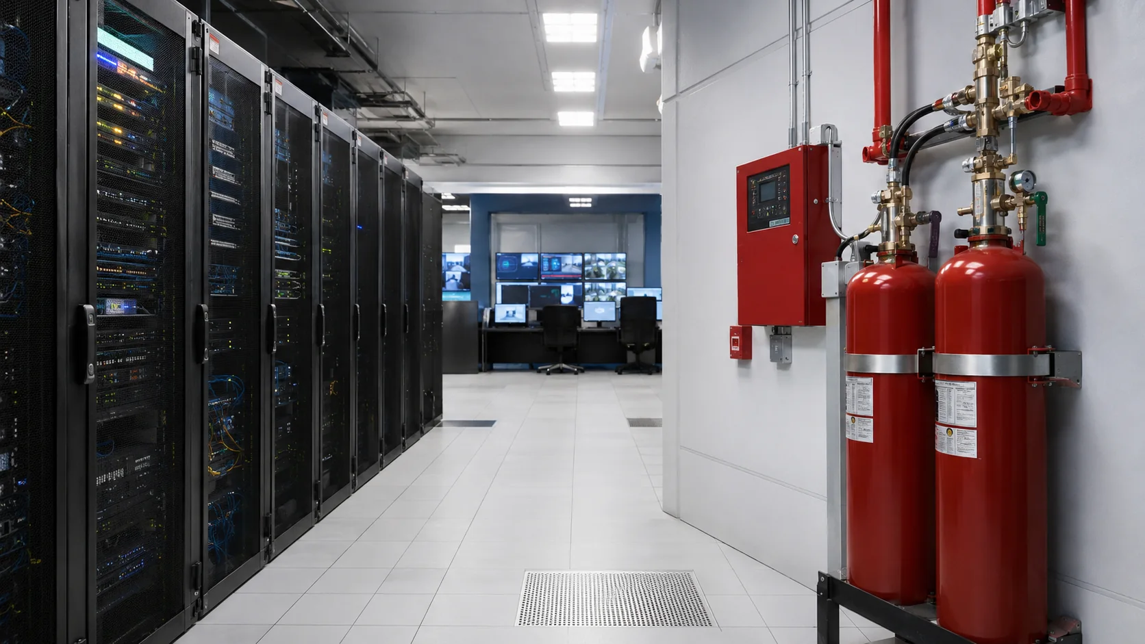 FM200 clean agent cylinders and release controls in a data room