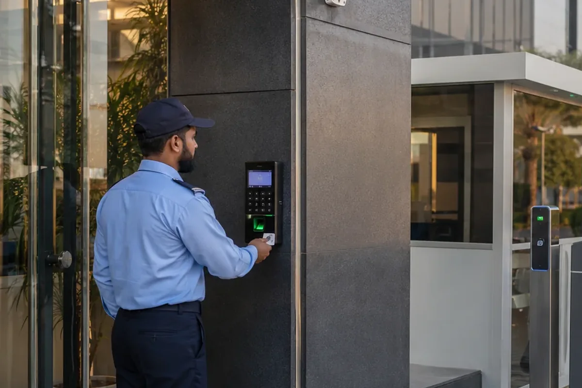 Access control reader at a guarded building entrance