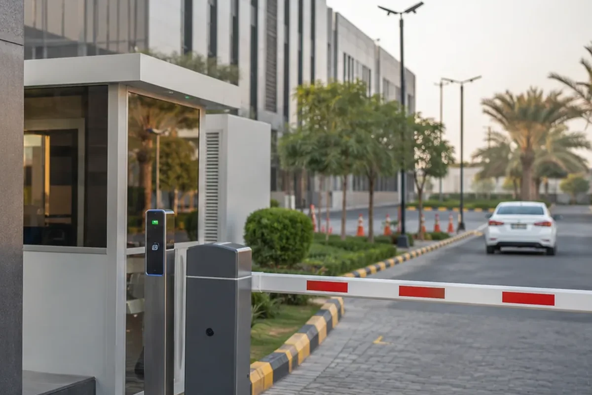 Automatic boom barrier at a controlled vehicle entrance